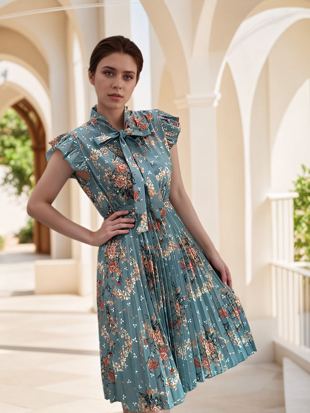 Floral Print Bow Pleated Dress