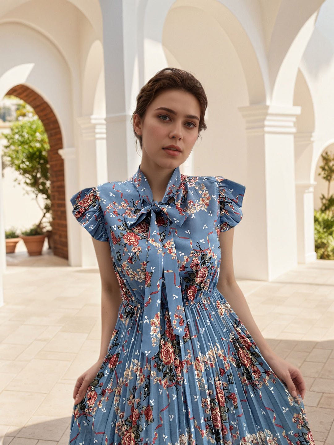 Floral Print Bow Pleated Dress