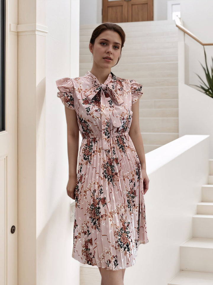Floral Print Bow Pleated Dress