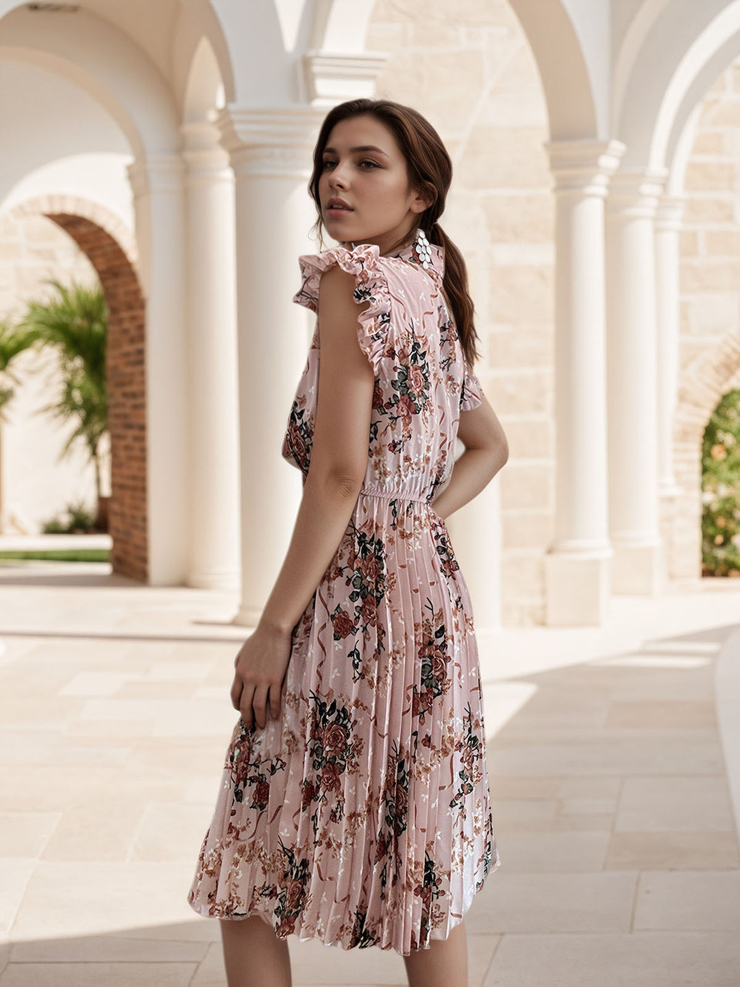 Floral Print Bow Pleated Dress