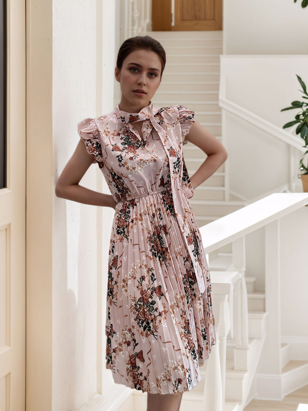 Floral Print Bow Pleated Dress