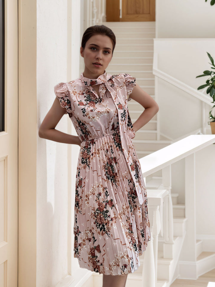 Floral Print Bow Pleated Dress