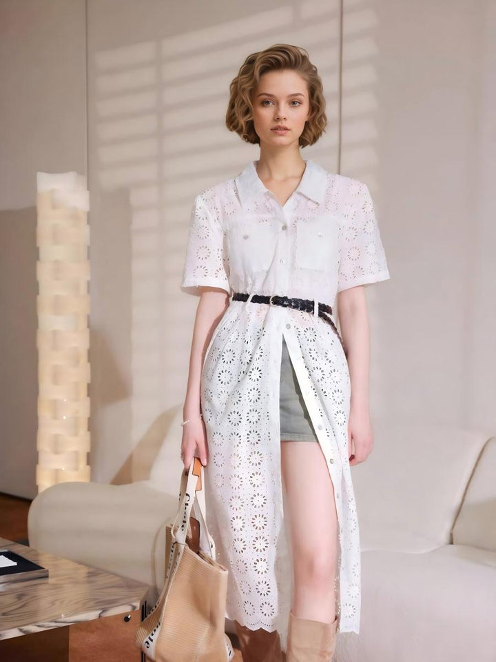 Pointelle Midi A-Line Shirt Dress