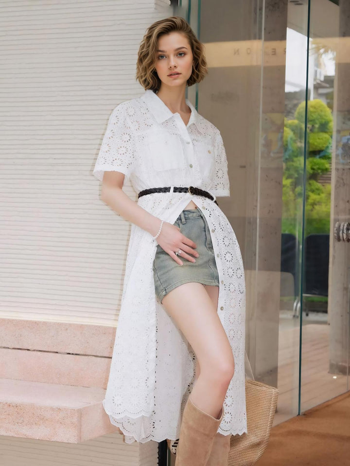 Pointelle Midi A-Line Shirt Dress