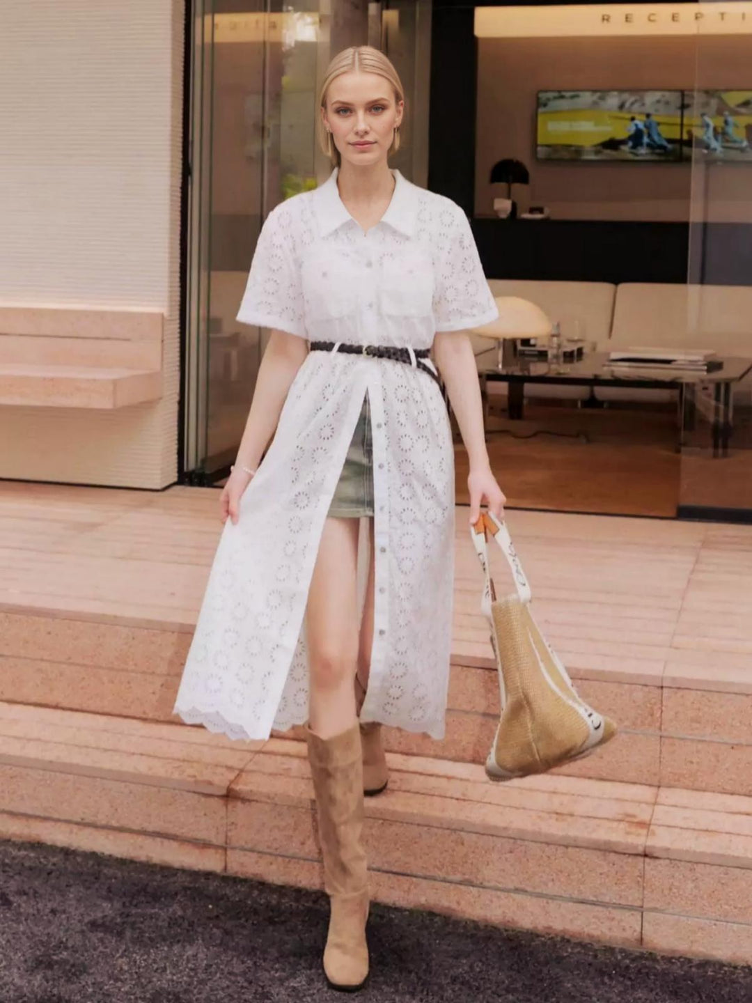 Pointelle Midi A-Line Shirt Dress