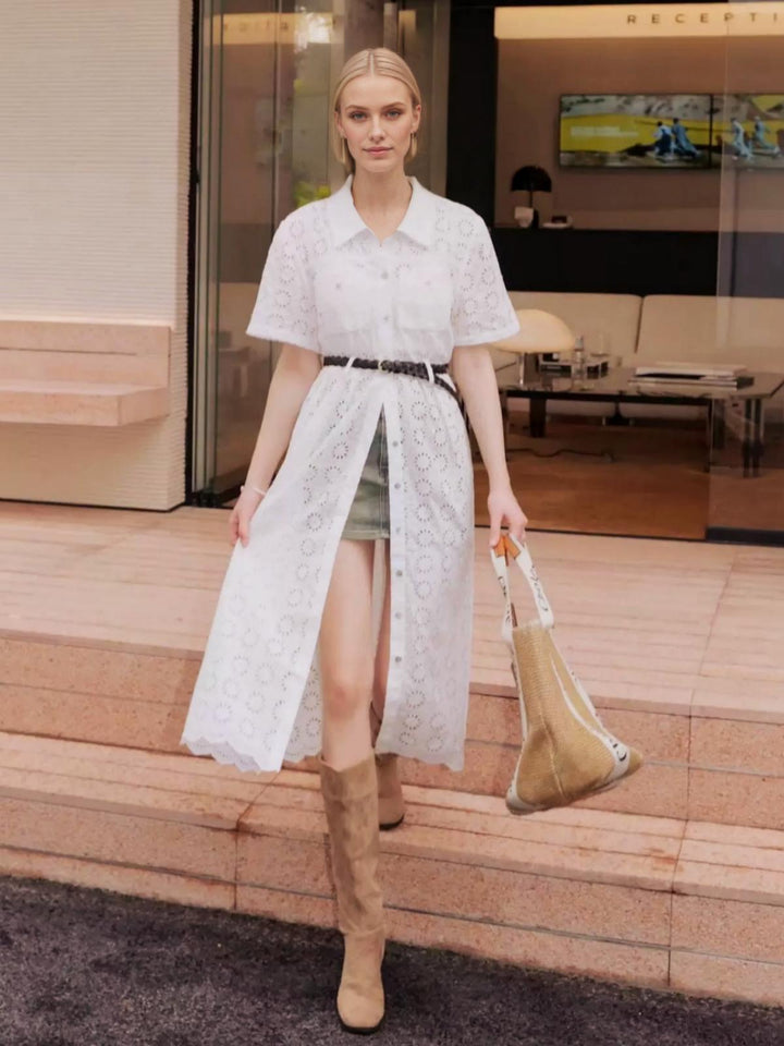 Pointelle Midi A-Line Shirt Dress