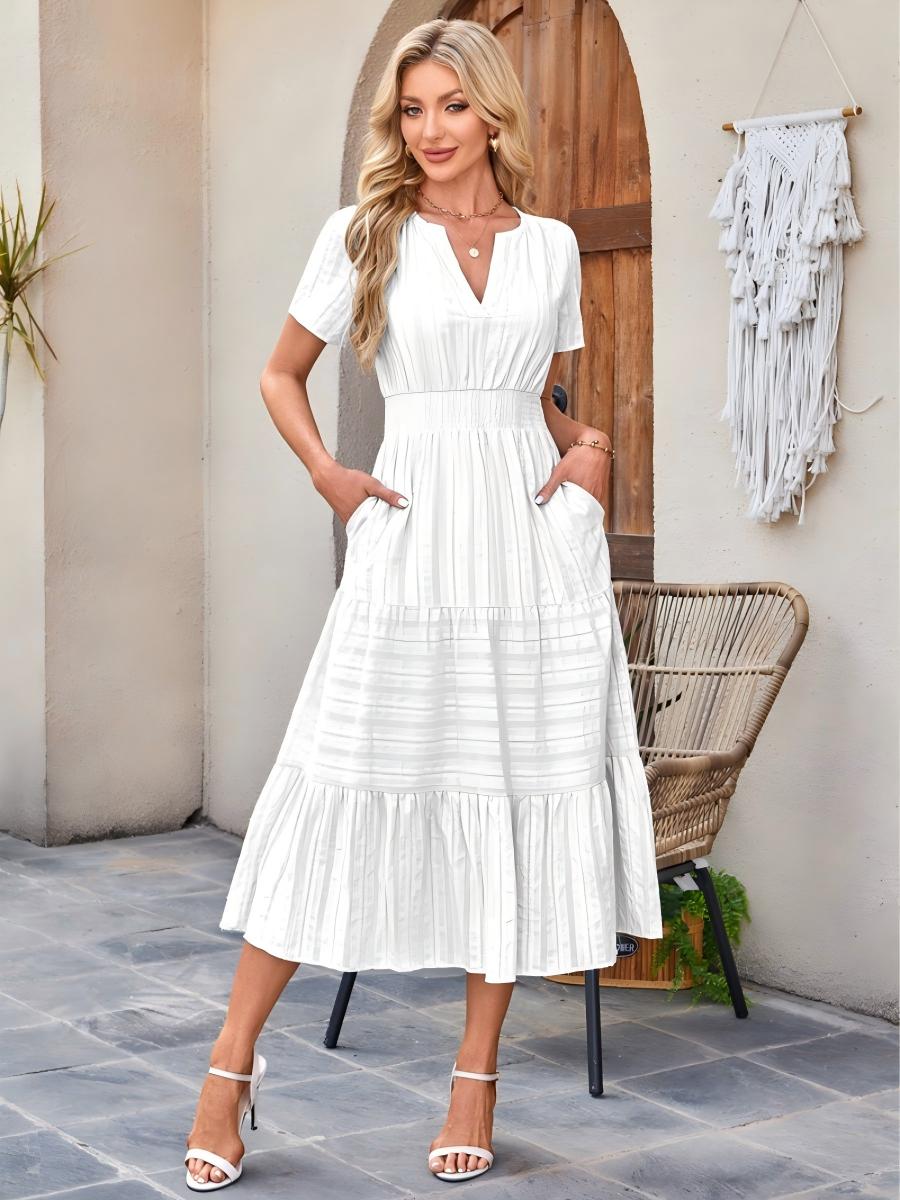 Summer Retro  Short Sleeve Smocked Waist Midi Dress HONEEAR