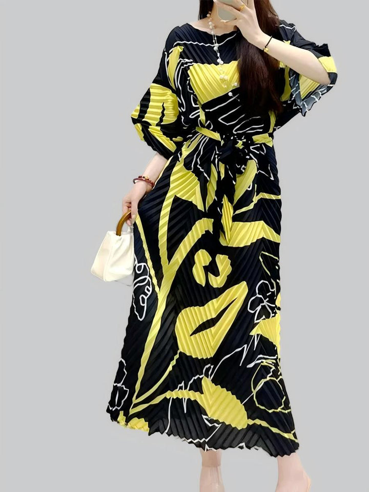Tropical Breeze Pleated Maxi Dress | Long Sleeve Straight Neck