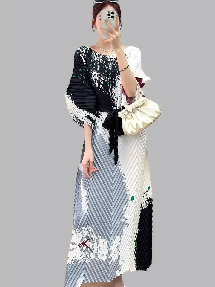 Tropical Breeze Pleated Maxi Dress | Long Sleeve Straight Neck