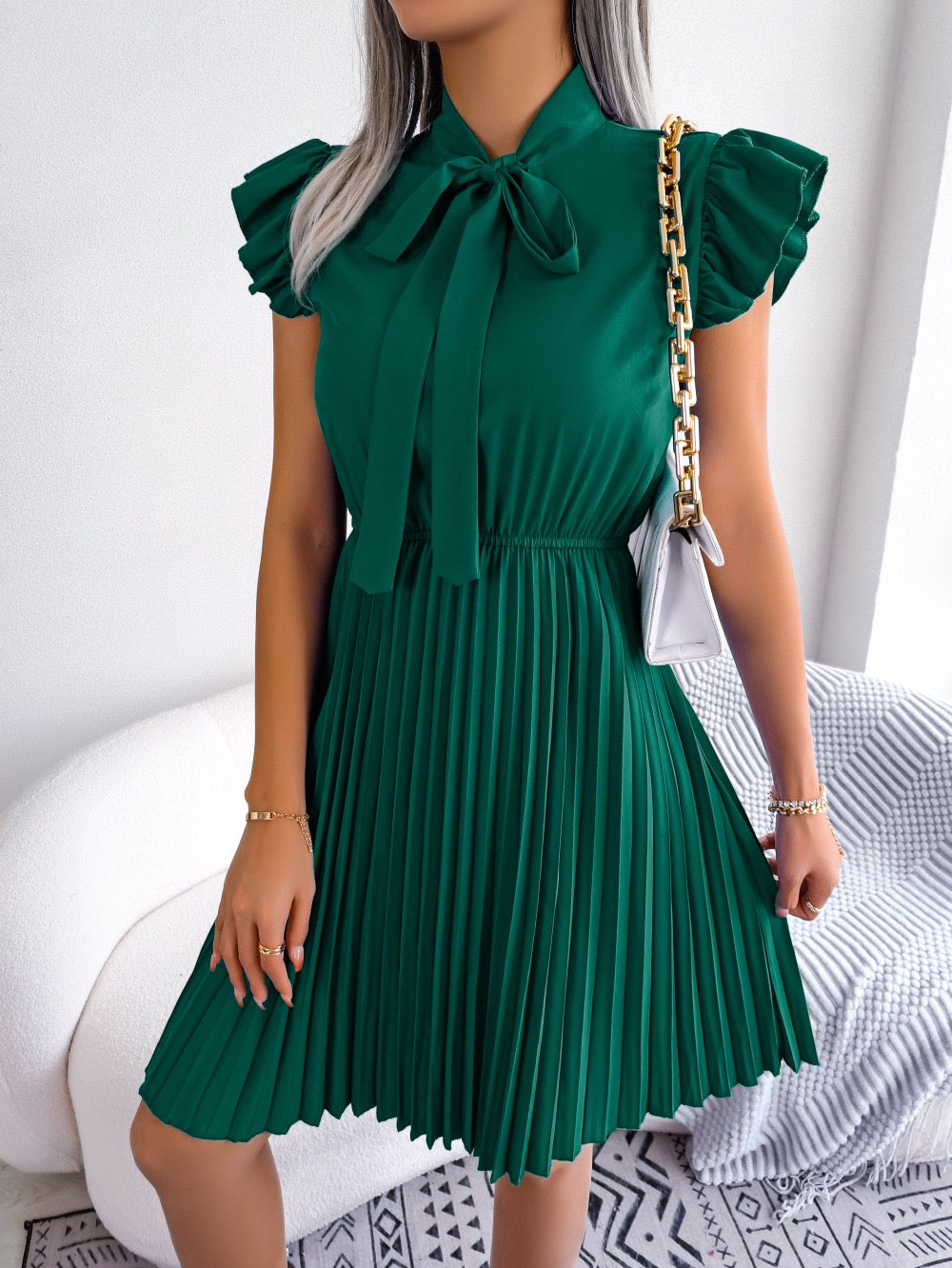 Floral Print Bow Pleated Dress