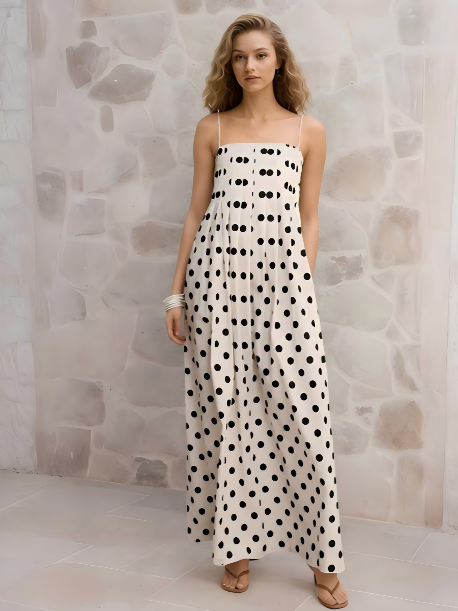 Polka-Dot Pleated Vacation Dress.