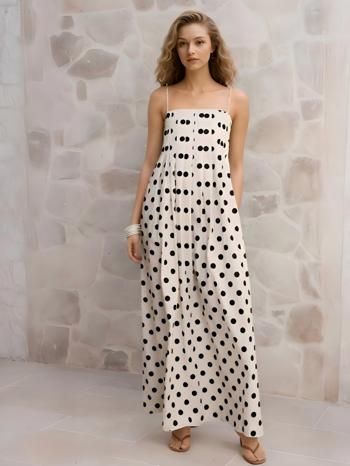 Polka-Dot Pleated Vacation Dress.