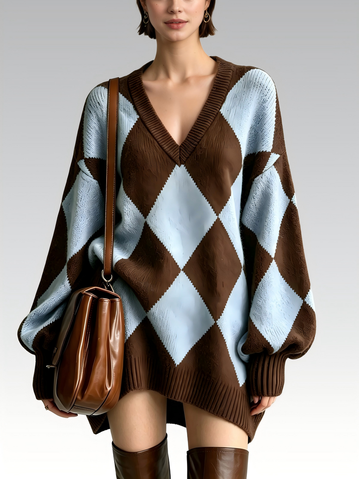 Retro Check Jacquard V-neck  Top