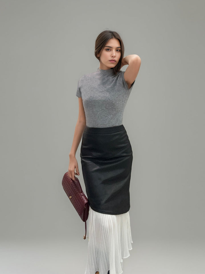 Asymmetric Patchwork Faux Leather Chiffon Pleated Skirt