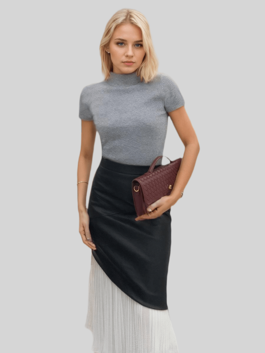 Asymmetric Patchwork Faux Leather Chiffon Pleated Skirt