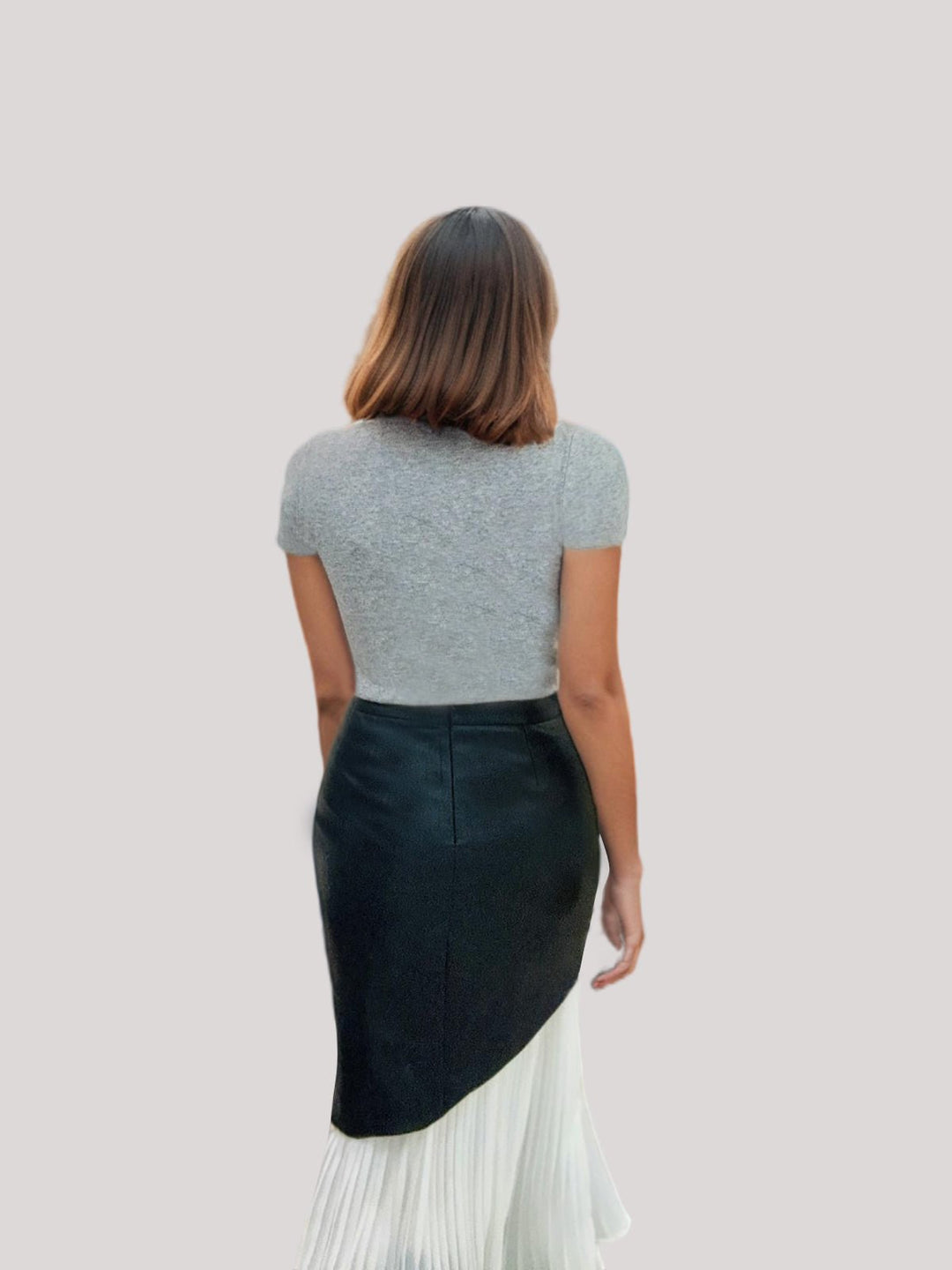 Asymmetric Patchwork Faux Leather Chiffon Pleated Skirt