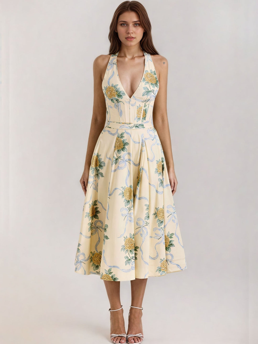 Backless Halter Floral Print Midi Dress