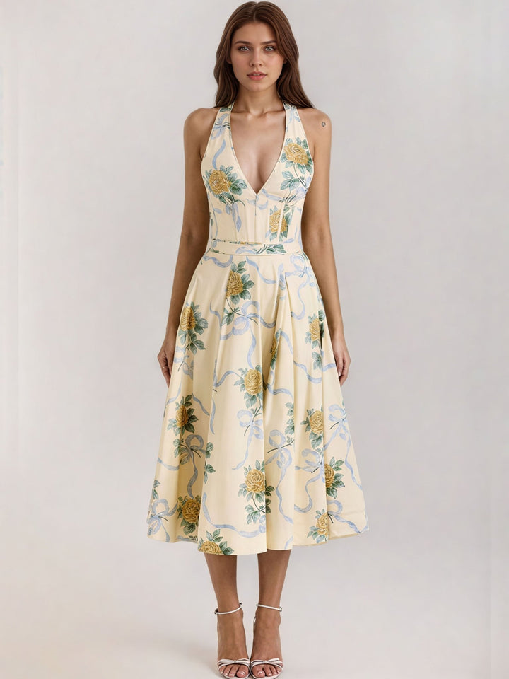 Backless Halter Floral Print Midi Dress