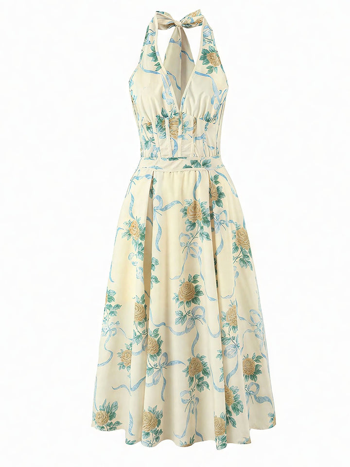 Backless Halter Floral Print Midi Dress