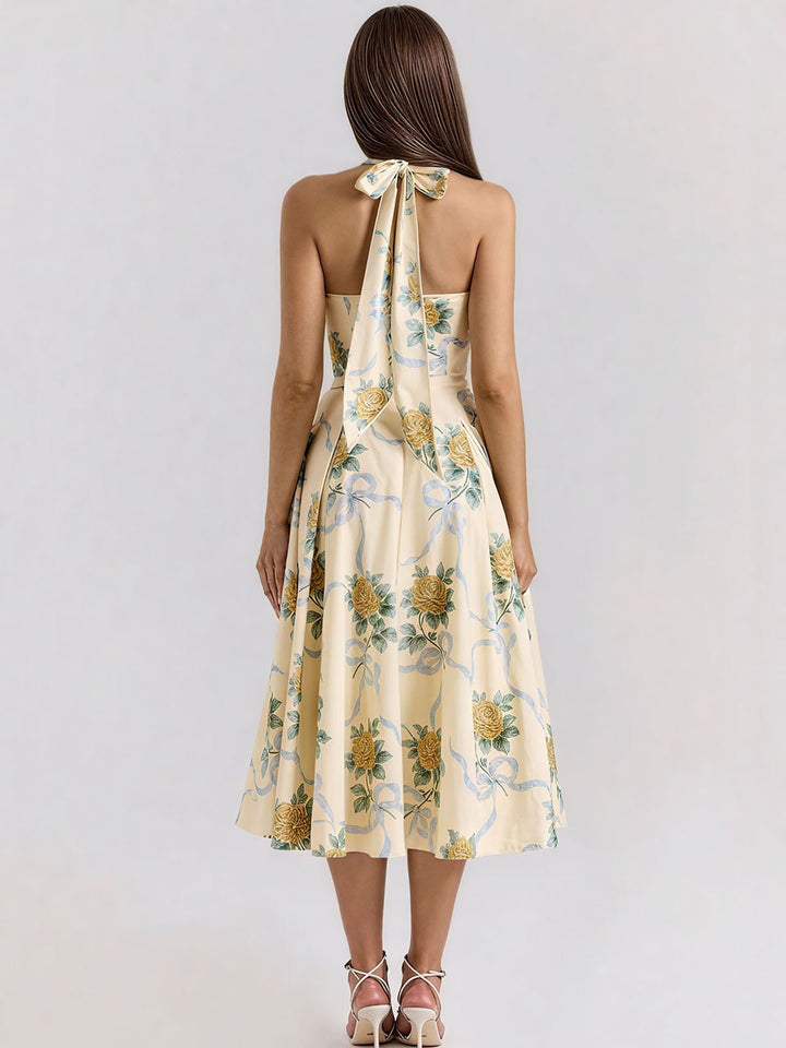 Backless Halter Floral Print Midi Dress