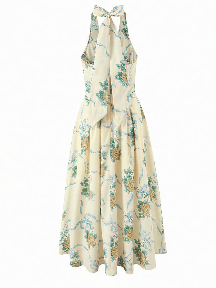 Backless Halter Floral Print Midi Dress