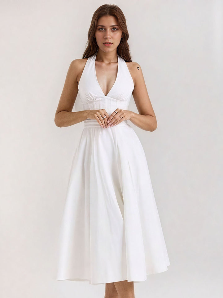 Backless Halter Floral Print Midi Dress