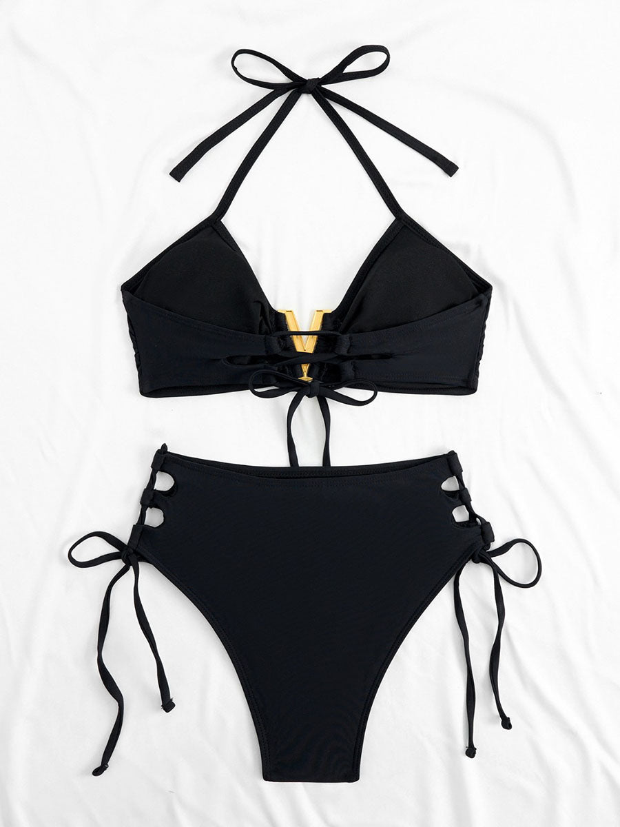 Black Crinkle Underwire Tie-Front Bikini 
