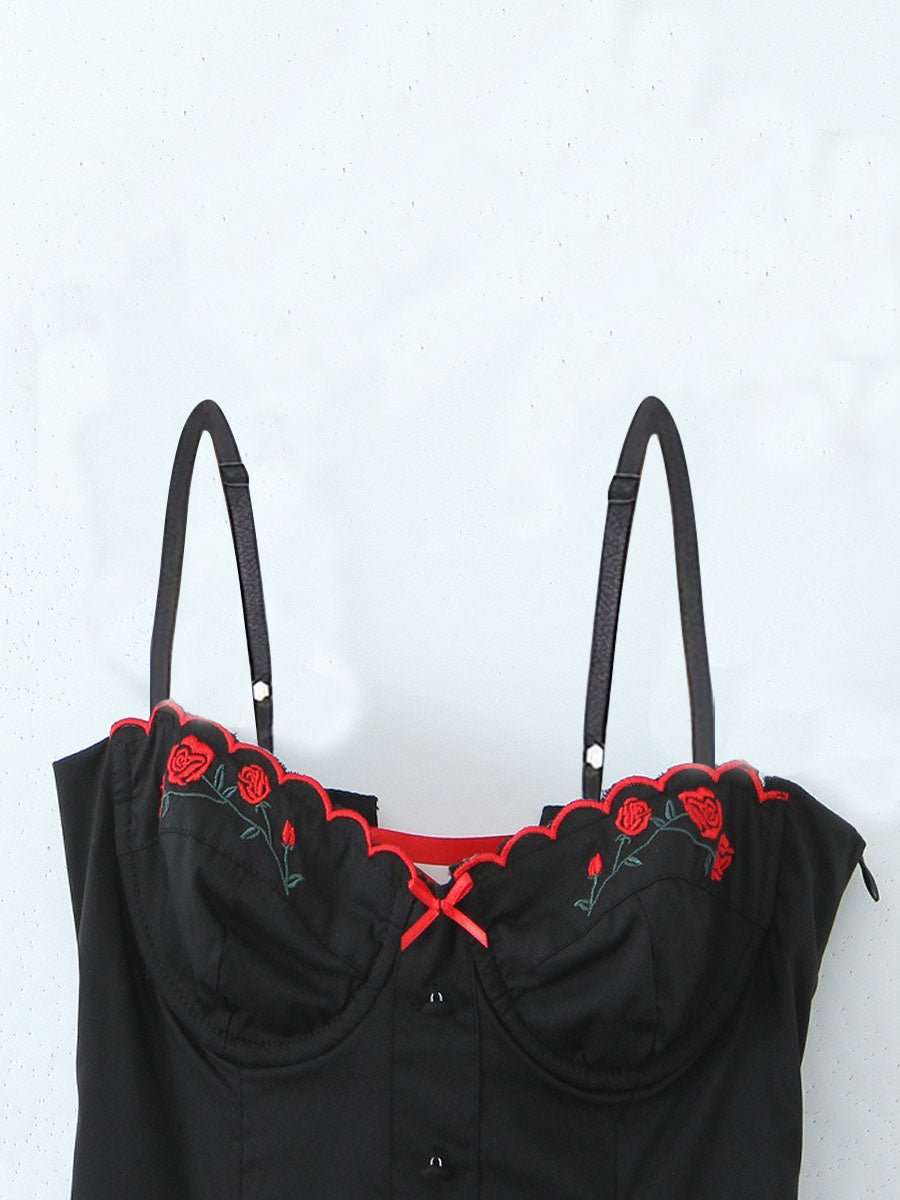Black Embroidery A-Line Slip Mini Dress