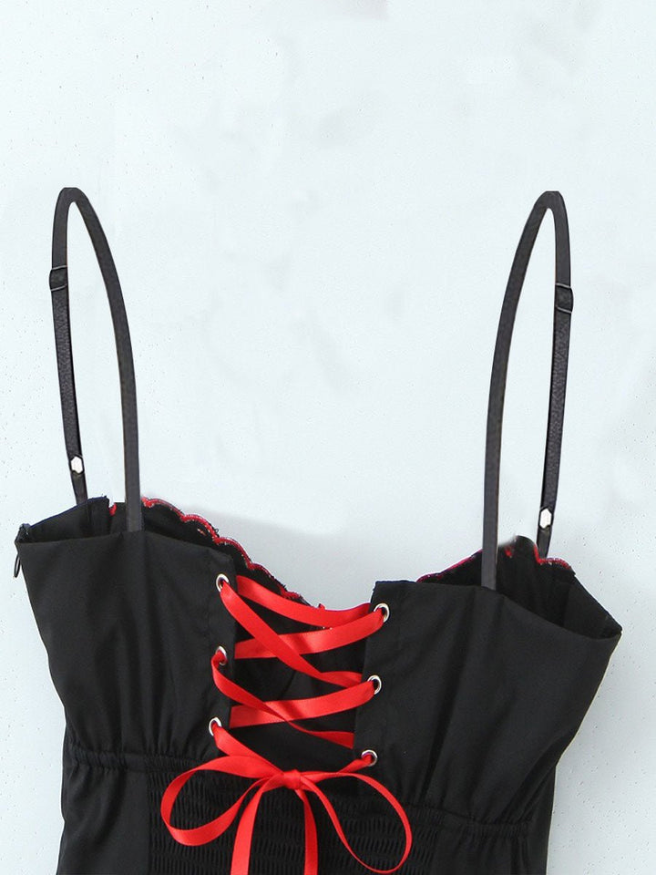 Black Embroidery A-Line Slip Mini Dress