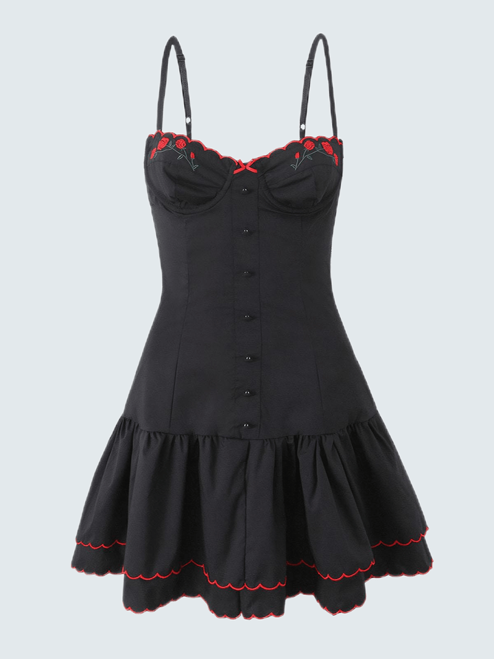 Black Embroidery A-Line Slip Mini Dress