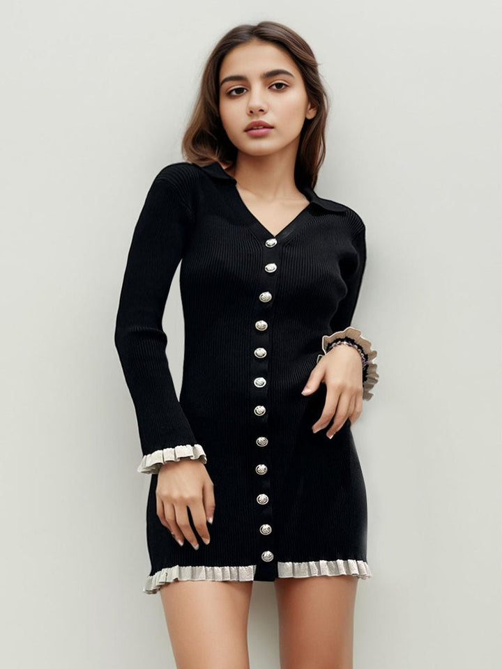 Black Patchwork Knit Short Dress
