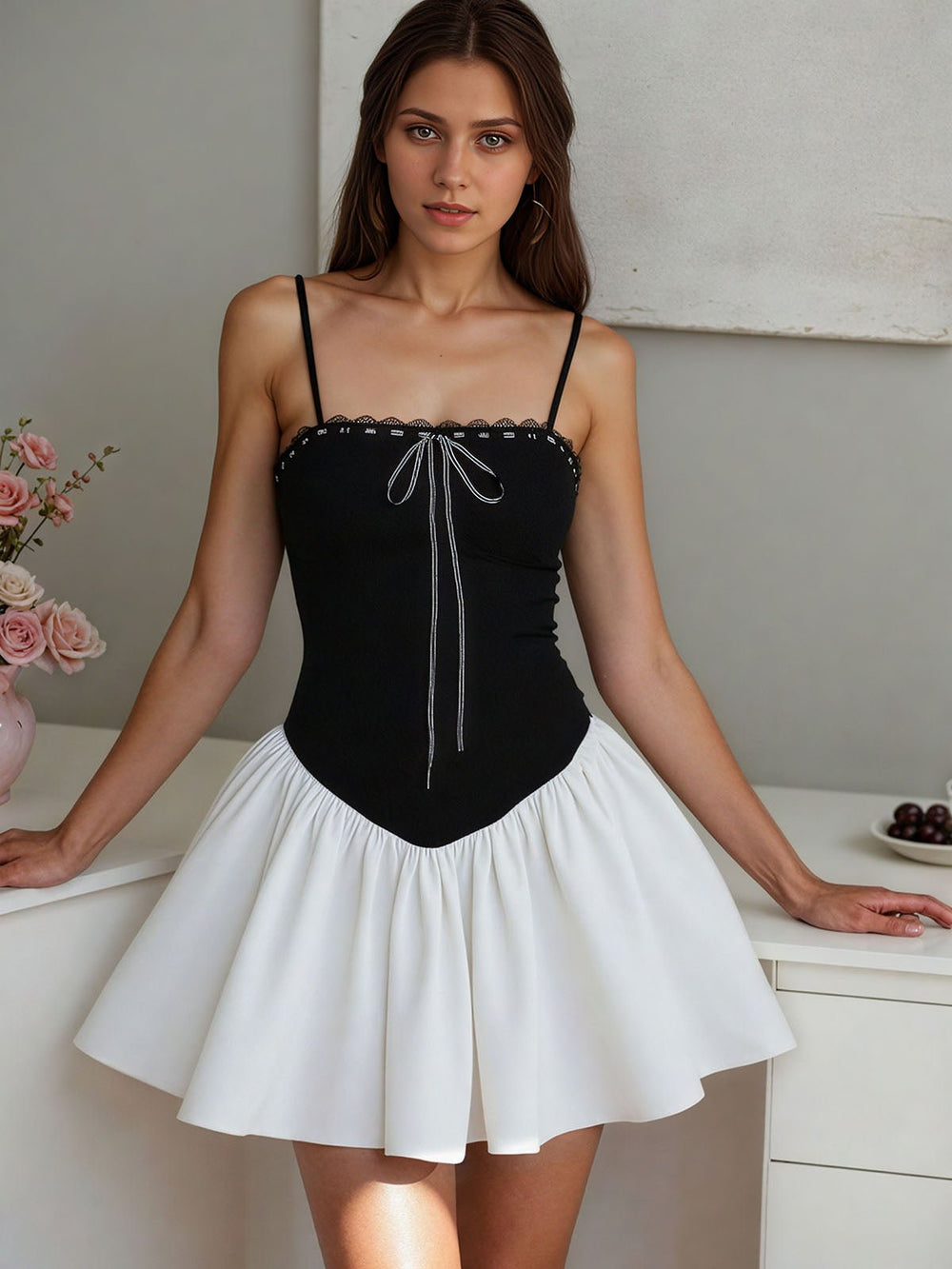 Summer  Black White Patchwork Dress HONEEAR