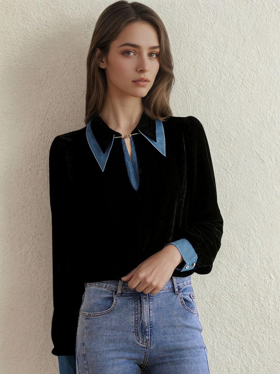 Denim Collar Color-Blocked Flannel Shirt