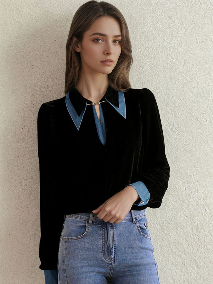 Denim Collar Color-Blocked Flannel Shirt