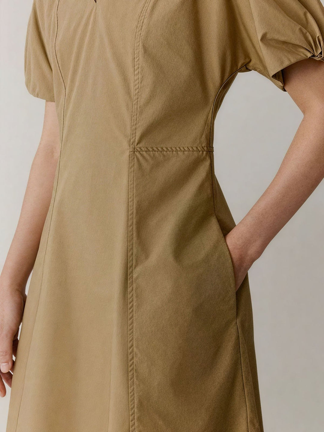Cotton V Neck Puff Sleeve Dress
