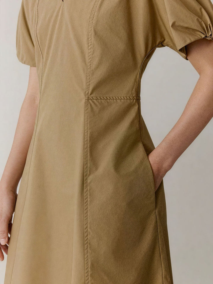 Cotton V Neck Puff Sleeve Dress