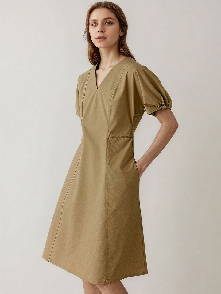 Cotton V Neck Puff Sleeve Dress