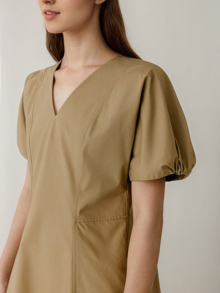 Cotton V Neck Puff Sleeve Dress