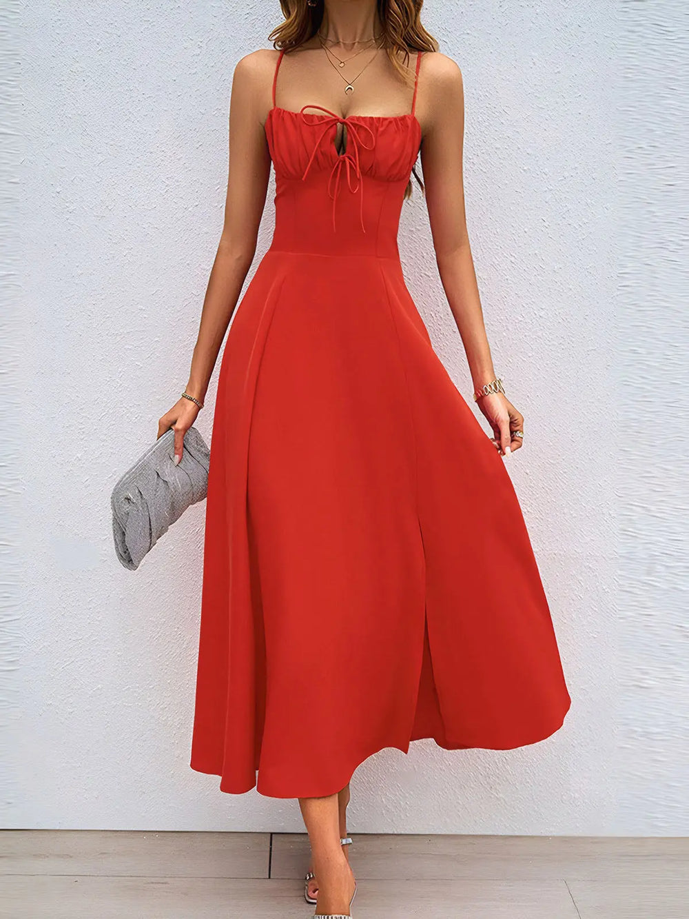 Crimson Elegance Slit Dress HONEEAR