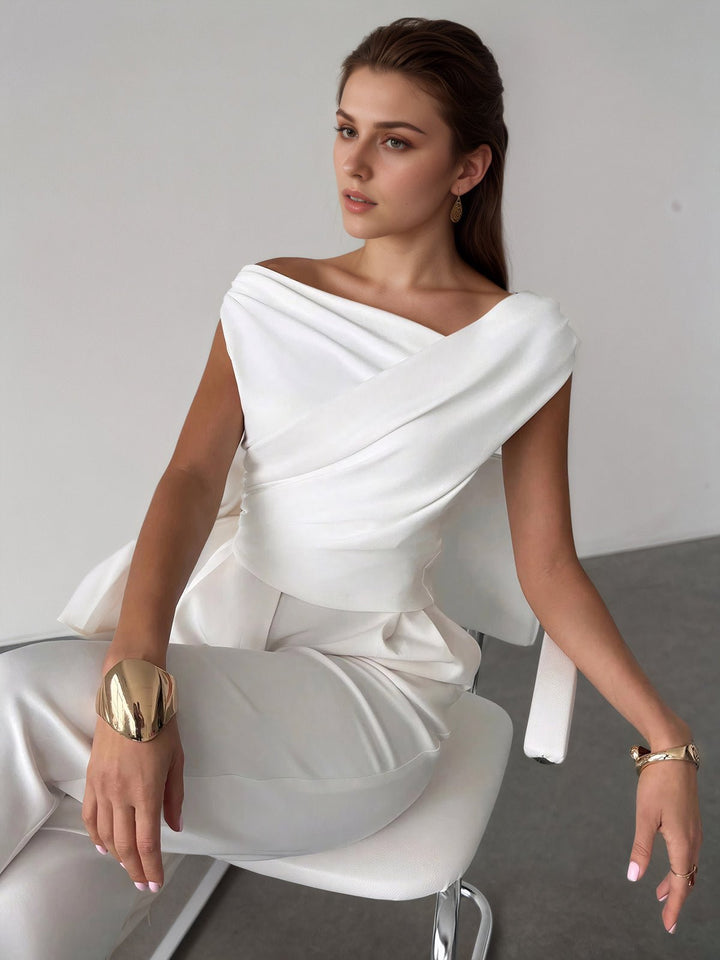 Cross-Over Collar Pleated Cinched T-Shirt