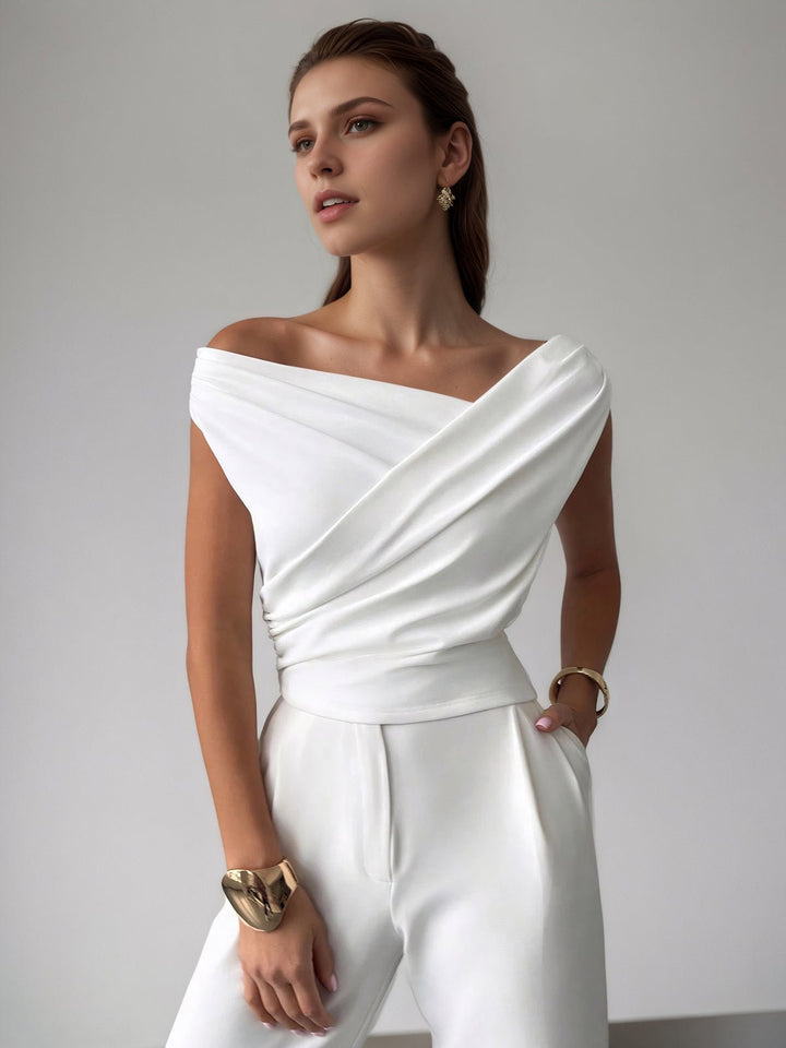 Cross-Over Collar Pleated Cinched T-Shirt
