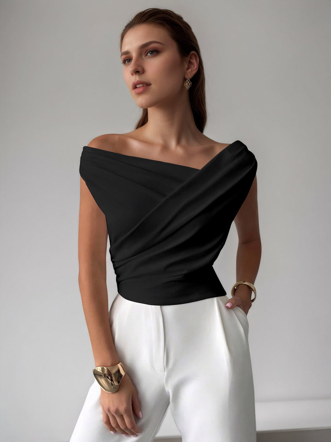 Cross-Over Collar Pleated Cinched T-Shirt