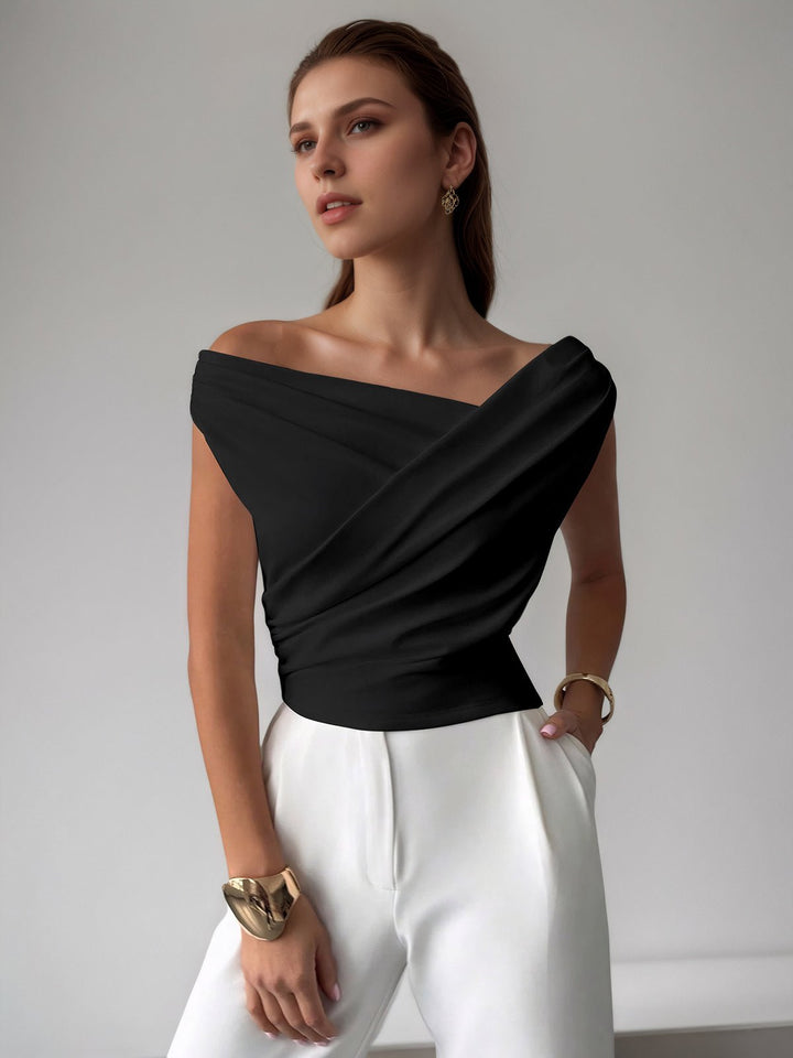 Cross-Over Collar Pleated Cinched T-Shirt