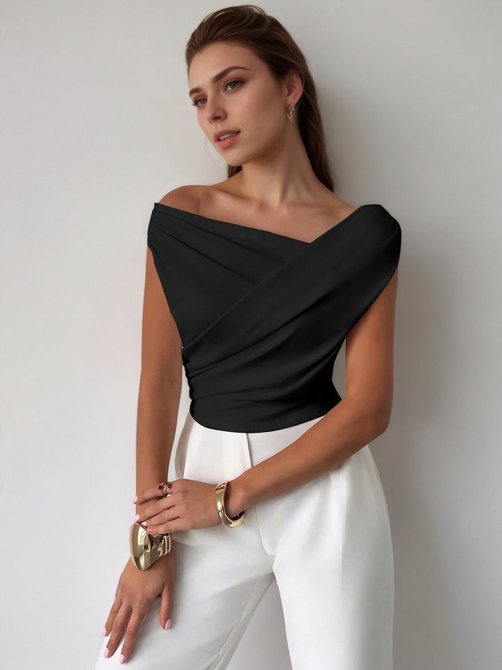 Cross-Over Collar Pleated Cinched T-Shirt