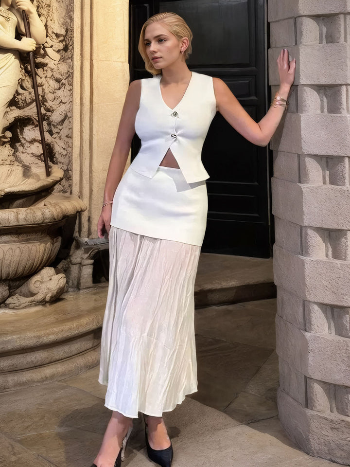 Elegant Knit Vest Patchwork Skirts Set