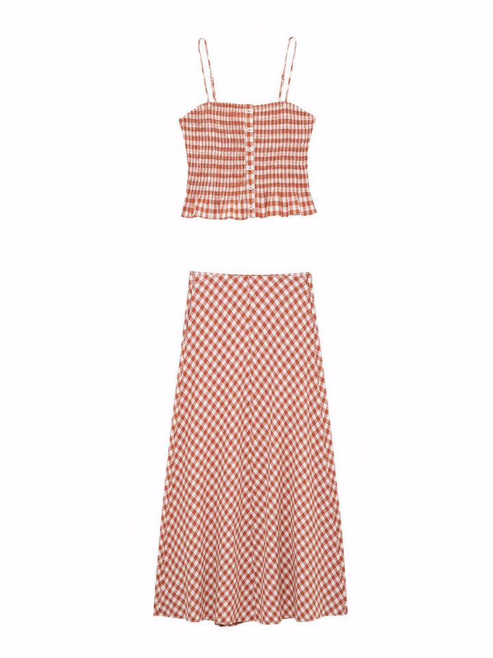 Elegant Vichy Zipper Midi Skirt Set