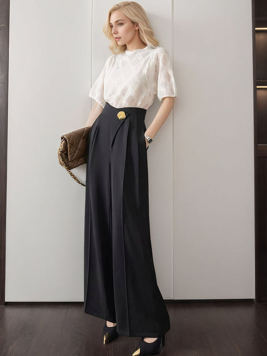 Embellished High Waist Wide Leg Pants