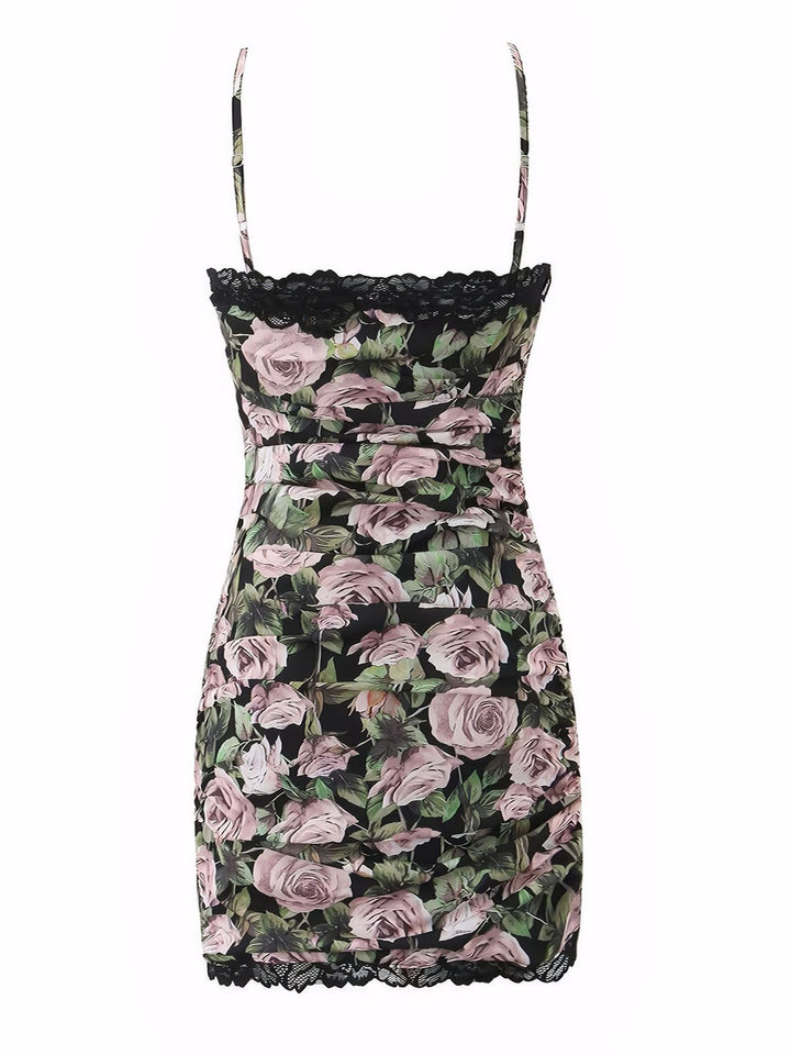 Floral Lace-Trim Ruched Dress