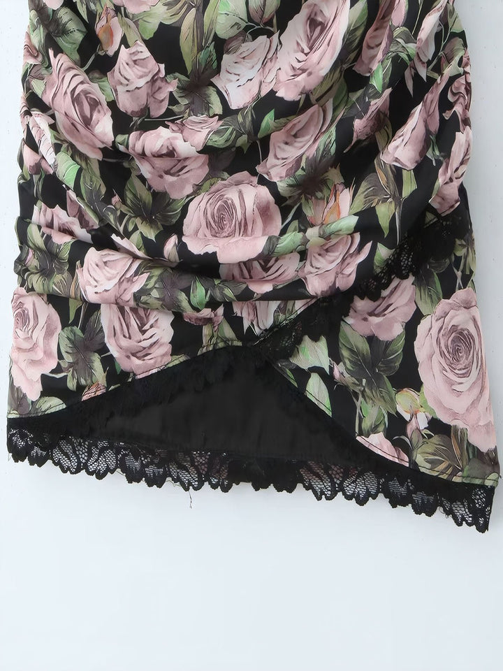 Floral Lace-Trim Ruched Dress