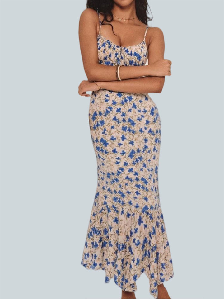 Floral Print Knotted Irregular Hem Long Dress